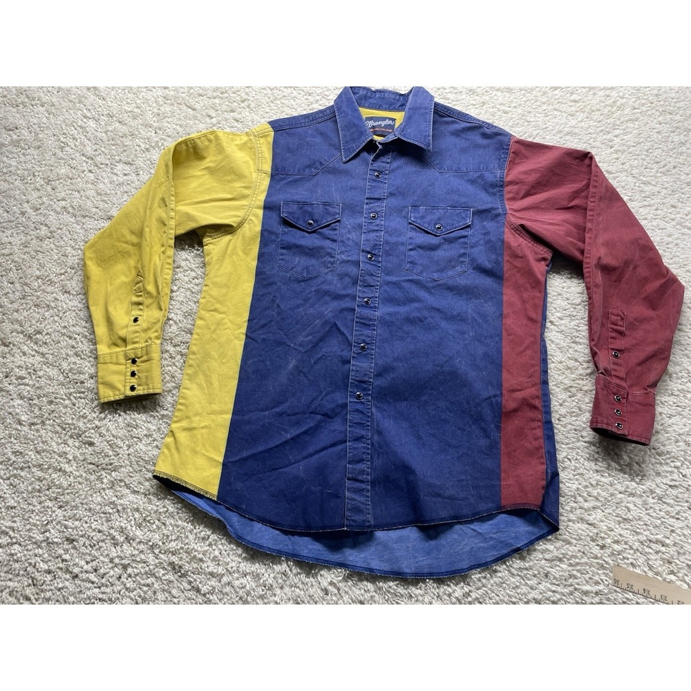 Vintage Wrangler Colorblock Brushpopper Pearl Snap L/S Shirt Mens XL X-long Tail